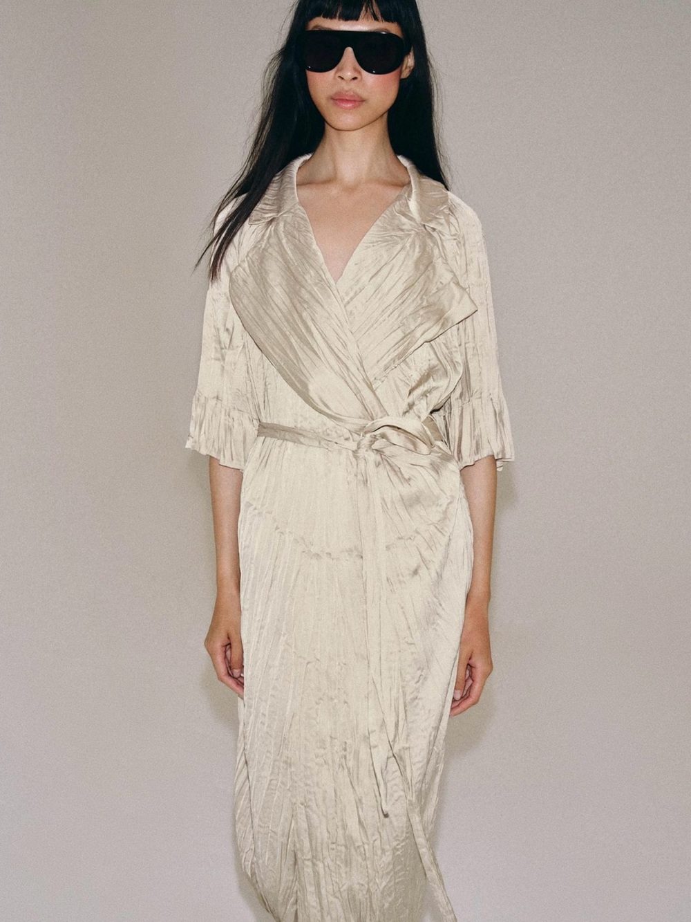 NWT Zara ZW Collection Pleated Belted Midi Dress Beige XL